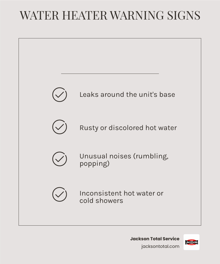 Common signs your Fort Myers water heater needs professional repair, including age over 10 years, leaking tank, rusty water, strange noises, inconsistent temperatures, and rising energy bills - professional water heater repair in fort myers, fl infographic checklist-light-beige
