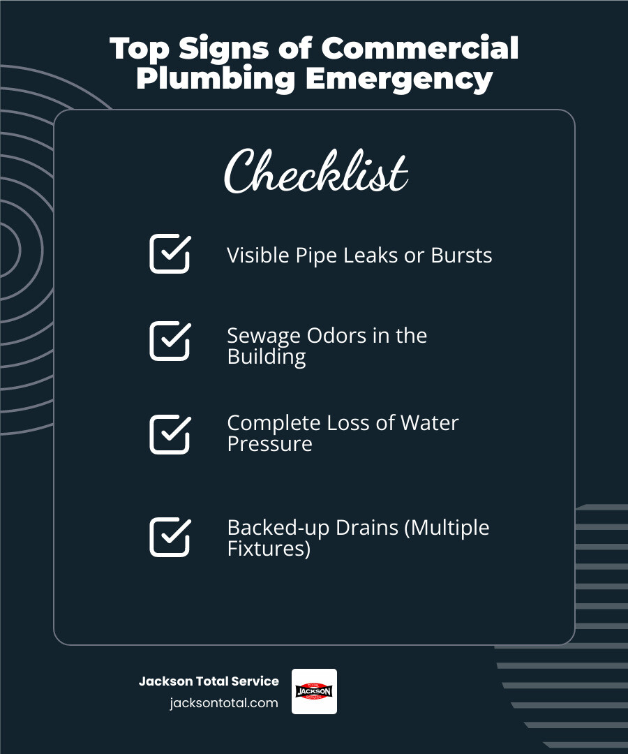 Infographic showing the five critical signs of a commercial plumbing emergency: water pooling on floors, sewage odors in the building, complete loss of water pressure, visible pipe leaks or bursts, and backed-up drains affecting multiple fixtures - commercial emergency plumbing services in ave maria, fl infographic checklist-dark-blue Infographic showing the five critical signs of a commercial plumbing emergency: water pooling on floors, sewage odors in the building, complete loss of water pressure, visible pipe leaks or bursts, and backed-up drains affecting multiple fixtures - commercial emergency plumbing services in ave maria, fl infographic checklist-dark-blue