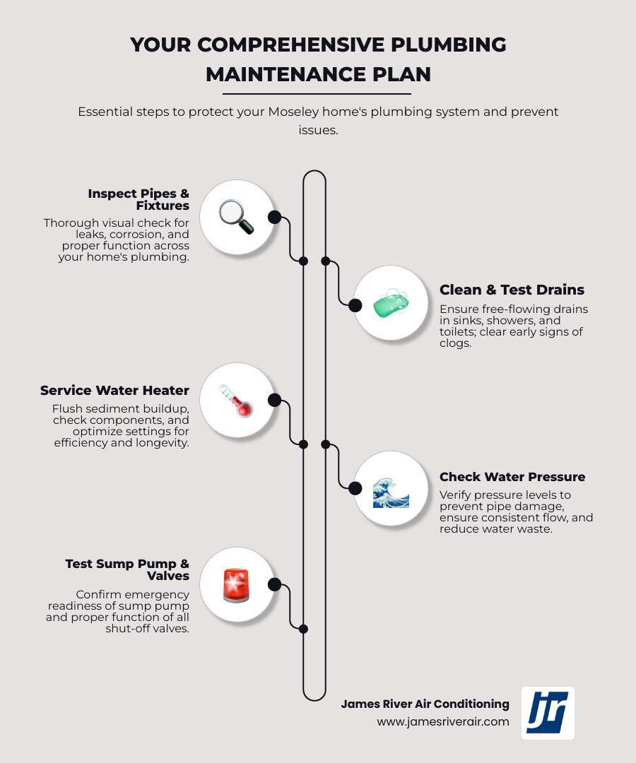 Infographic showing the core components of a plumbing maintenance plan: visual inspection of pipes and fixtures, drain cleaning and testing, water heater flushing and servicing, water pressure checks, sump pump testing, and shut-off valve inspections—all designed to prevent emergencies, save money, and extend system lifespan - plumbing maintenance in moseley, va infographic infographic-line-5-steps-elegant_beige Infographic showing the core components of a plumbing maintenance plan: visual inspection of pipes and fixtures, drain cleaning and testing, water heater flushing and servicing, water pressure checks, sump pump testing, and shut-off valve inspections—all designed to prevent emergencies, save money, and extend system lifespan - plumbing maintenance in moseley, va infographic infographic-line-5-steps-elegant_beige