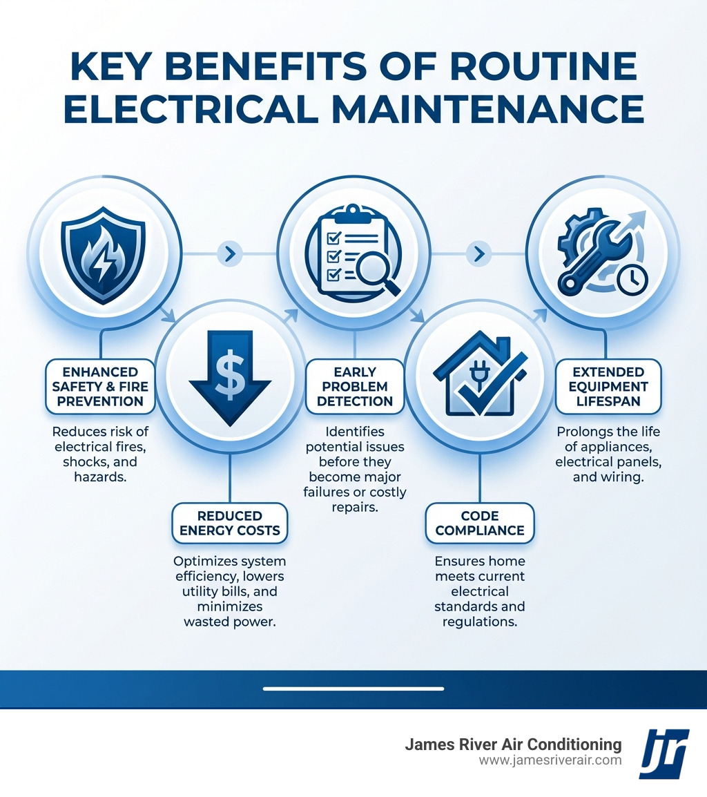 Infographic showing the key benefits of routine electrical maintenance: a shield icon representing enhanced safety and fire prevention, a downward arrow with a dollar sign showing reduced energy costs, a checklist icon for early problem detection, a house with a checkmark for code compliance, and a wrench icon representing extended equipment lifespan - electrical maintenance service in petersburg, va infographic Infographic showing the key benefits of routine electrical maintenance: a shield icon representing enhanced safety and fire prevention, a downward arrow with a dollar sign showing reduced energy costs, a checklist icon for early problem detection, a house with a checkmark for code compliance, and a wrench icon representing extended equipment lifespan - electrical maintenance service in petersburg, va infographic