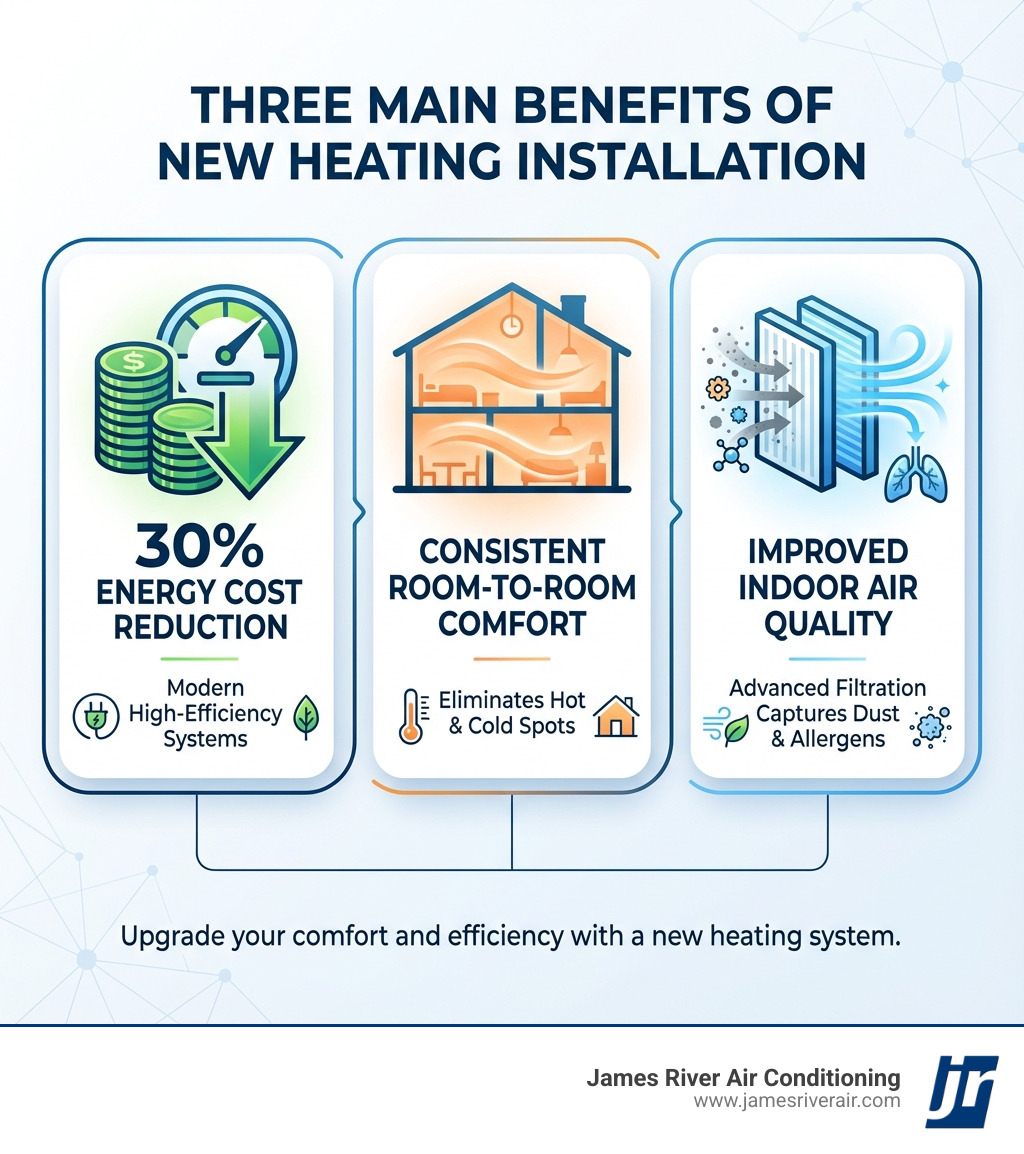 Infographic showing three main benefits of new heating installation: 30% reduction in energy costs with modern high-efficiency systems, consistent room-to-room temperature control eliminating hot and cold spots, and improved indoor air quality through advanced filtration that captures dust and allergens - new heating installation in chester, va infographic Infographic showing three main benefits of new heating installation: 30% reduction in energy costs with modern high-efficiency systems, consistent room-to-room temperature control eliminating hot and cold spots, and improved indoor air quality through advanced filtration that captures dust and allergens - new heating installation in chester, va infographic