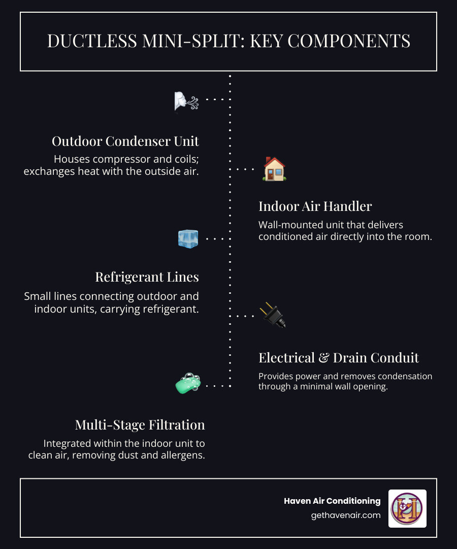 Infographic showing ductless mini-split system components including outdoor condenser unit connected by refrigerant lines and electrical conduit through a small wall penetration to a wall-mounted indoor air handler with multi-stage filtration, illustrating how the system provides efficient heating without ductwork - best ductless heating in aliso viejo, ca infographic infographic-line-5-steps-dark Infographic showing ductless mini-split system components including outdoor condenser unit connected by refrigerant lines and electrical conduit through a small wall penetration to a wall-mounted indoor air handler with multi-stage filtration, illustrating how the system provides efficient heating without ductwork - best ductless heating in aliso viejo, ca infographic infographic-line-5-steps-dark