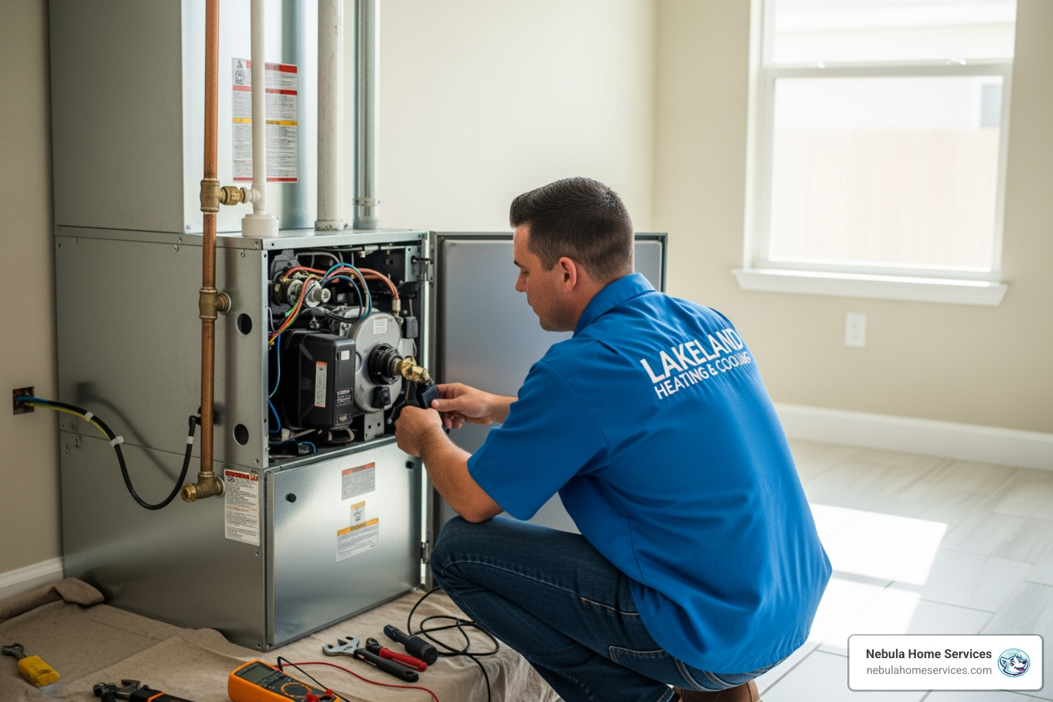 infographic showing three key benefits of new heating installation: energy efficiency with dollar sign and downward arrow, improved comfort with thermostat icon, and better air quality with clean air filter - heating installation in lakeland, fl infographic showing three key benefits of new heating installation: energy efficiency with dollar sign and downward arrow, improved comfort with thermostat icon, and better air quality with clean air filter - heating installation in lakeland, fl