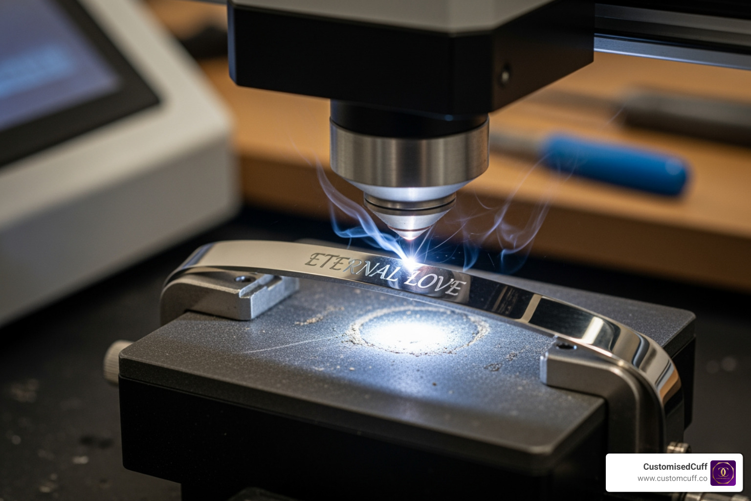 Close-up on a CustomisedCuff bracelet being engraved - customized matching couple bracelets