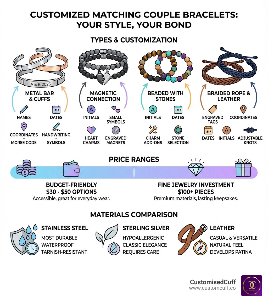 Infographic showing the different types of customized matching couple bracelets: metal bar and cuff bracelets with engraving space, magnetic connection bracelets with split heart charms, beaded bracelets with natural stones and colorful beads, and braided rope or leather bracelets with adjustable sizing. Each type includes popular customization options like names, dates, coordinates, Morse code, handwriting, and symbols. Price ranges from budget-friendly $30-50 options to fine jewelry investment pieces at $100+. Materials comparison showing stainless steel as most durable and waterproof, sterling silver as hypoallergenic, and leather as casual and versatile. - customized matching couple bracelets infographic 