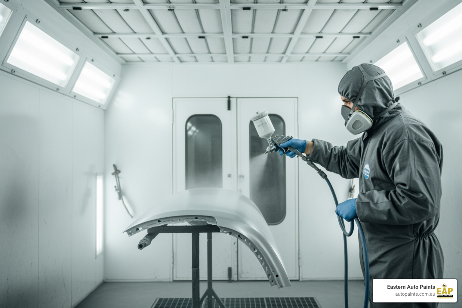 A technician in a professional spray booth is applying self etching primer to a car fender.