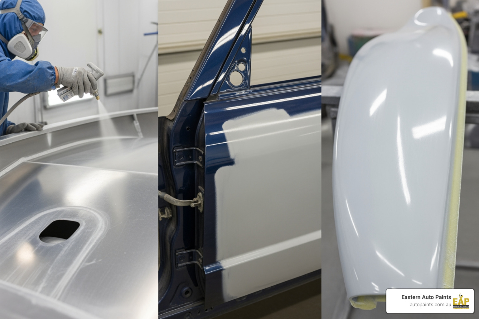 A composite of three images showing the application and finish of self etching primer on automotive parts.