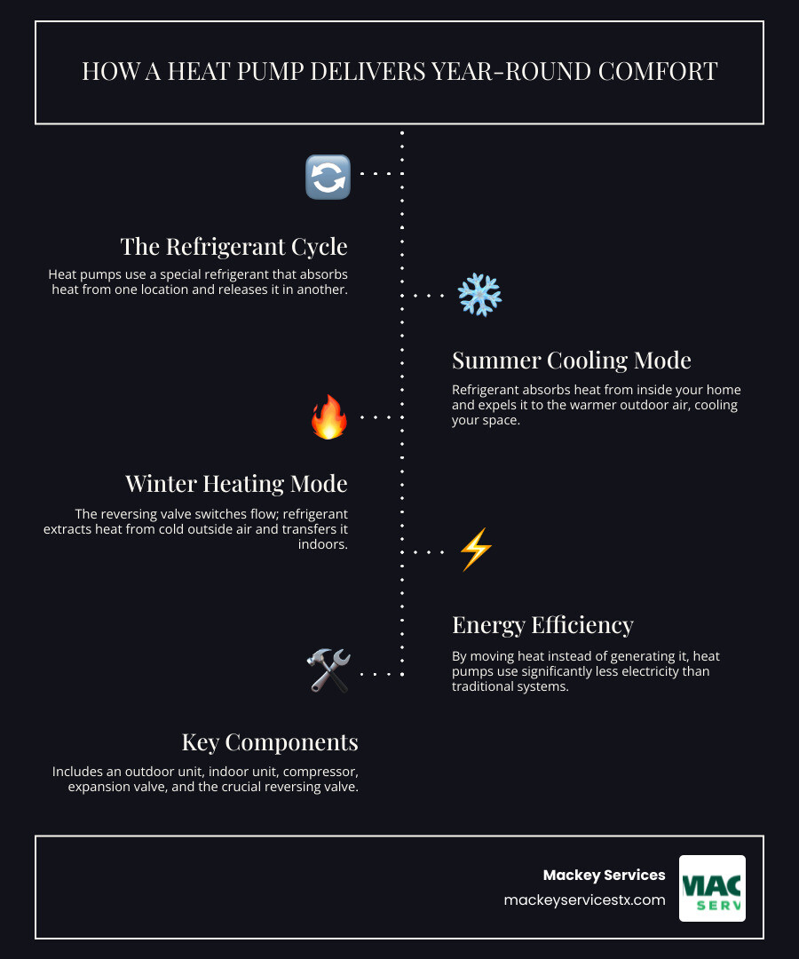 Infographic showing how a heat pump provides both heating and cooling by reversing refrigerant flow, with labeled components including the outdoor unit, indoor unit, reversing valve, and refrigerant cycle for both summer cooling mode and winter heating mode - heat pump repair in pearland, tx infographic infographic-line-5-steps-dark