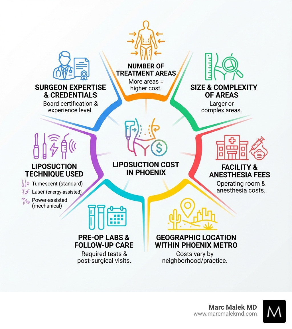 Infographic showing the key factors determining liposuction cost in Phoenix: Surgeon expertise and credentials, number of treatment areas, size and complexity of areas treated, liposuction technique used (tumescent, laser, or power-assisted), facility and anesthesia fees, pre-op labs and follow-up care, and geographic location within the Phoenix metro area - liposuction phoenix price infographic Infographic showing the key factors determining liposuction cost in Phoenix: Surgeon expertise and credentials, number of treatment areas, size and complexity of areas treated, liposuction technique used (tumescent, laser, or power-assisted), facility and anesthesia fees, pre-op labs and follow-up care, and geographic location within the Phoenix metro area - liposuction phoenix price infographic