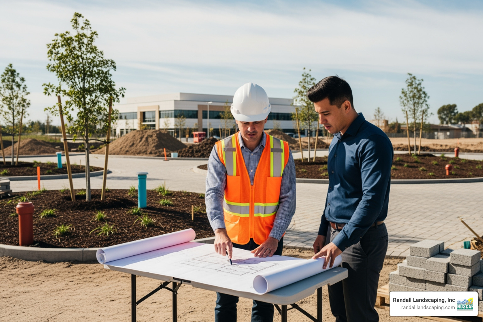 A landscape consultant in a hard hat and safety vest reviews blueprints on-site with a commercial client, pointing to an area on the plan while discussing the project. - commercial landscape consulting