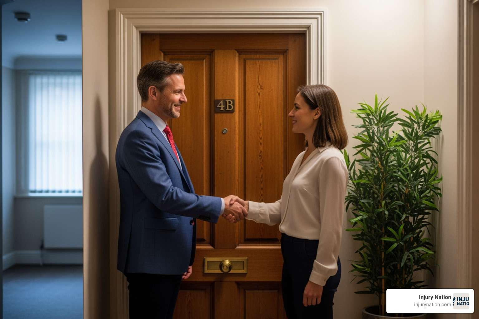 landlord and tenant shaking hands in front of an apartment door - Property owner responsibility