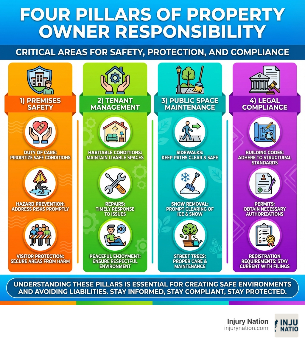 Infographic showing four pillars of property owner responsibility: 1) Premises Safety (duty of care, hazard prevention, visitor protection), 2) Tenant Management (habitable conditions, repairs, peaceful enjoyment), 3) Public Space Maintenance (sidewalks, snow removal, street trees), and 4) Legal Compliance (building codes, permits, registration requirements) - Property owner responsibility infographic 