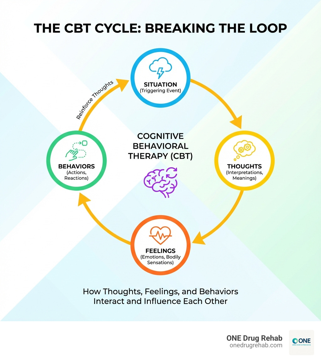 infographic showing the CBT cycle: situation leads to thoughts, which influence feelings, which drive behaviors, which reinforce thoughts - behavioral therapy addiction infographic 