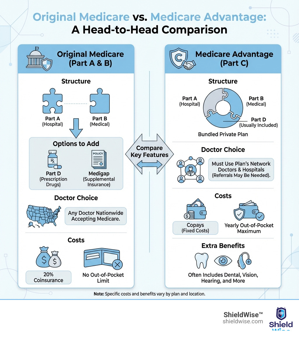 Infographic comparing Original Medicare versus Medicare Advantage: Original Medicare shows separate Parts A and B with option to add Part D and Medigap, any doctor nationwide that accepts Medicare, 20% coinsurance with no out-of-pocket limit. Medicare Advantage shows bundled Parts A, B, and usually D in one plan from private company, must use plan's network doctors, copays and yearly out-of-pocket maximum, often includes extra benefits like dental and vision - medicare - advantage plans infographic Infographic comparing Original Medicare versus Medicare Advantage: Original Medicare shows separate Parts A and B with option to add Part D and Medigap, any doctor nationwide that accepts Medicare, 20% coinsurance with no out-of-pocket limit. Medicare Advantage shows bundled Parts A, B, and usually D in one plan from private company, must use plan's network doctors, copays and yearly out-of-pocket maximum, often includes extra benefits like dental and vision - medicare - advantage plans infographic