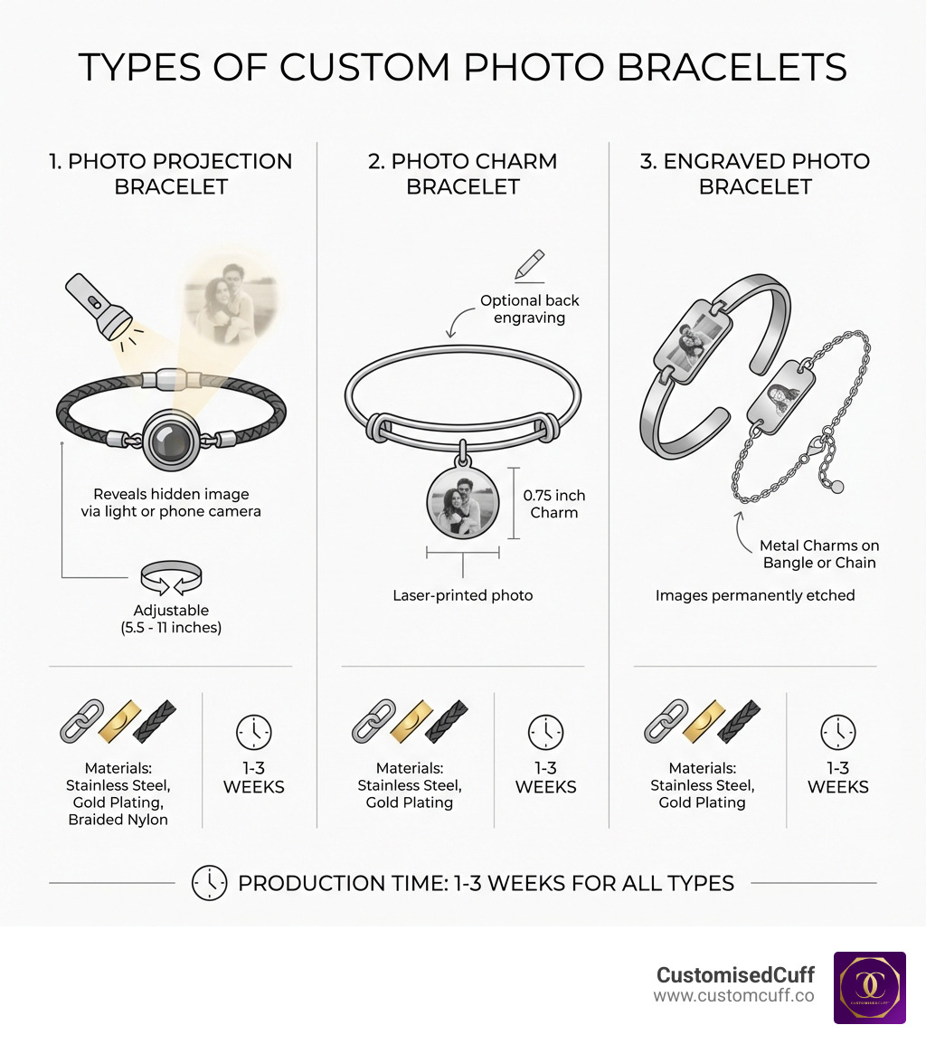 Infographic showing the three main types of custom photo bracelets: 1) Photo Projection Bracelet with a circular stone that reveals hidden images when light passes through or viewed with phone camera, adjustable from 5.5 to 11 inches; 2) Photo Charm Bracelet with a 0.75 inch charm featuring laser-printed photos and optional back engraving on expandable band; 3) Engraved Photo Bracelet with images permanently etched onto metal charms on bangle or chain styles. Each type shows materials used including stainless steel, gold plating options, and braided nylon, with typical production time of 1-3 weeks - custom bracelet with photo infographic 