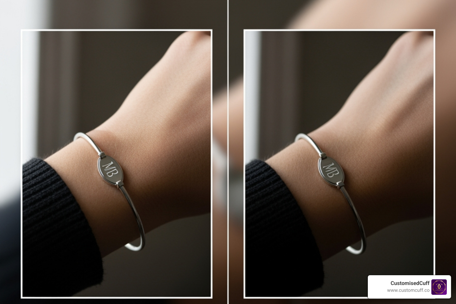 examples of good vs. bad photos for a bracelet (clear vs. blurry, well-lit vs. dark) - custom bracelet with photo