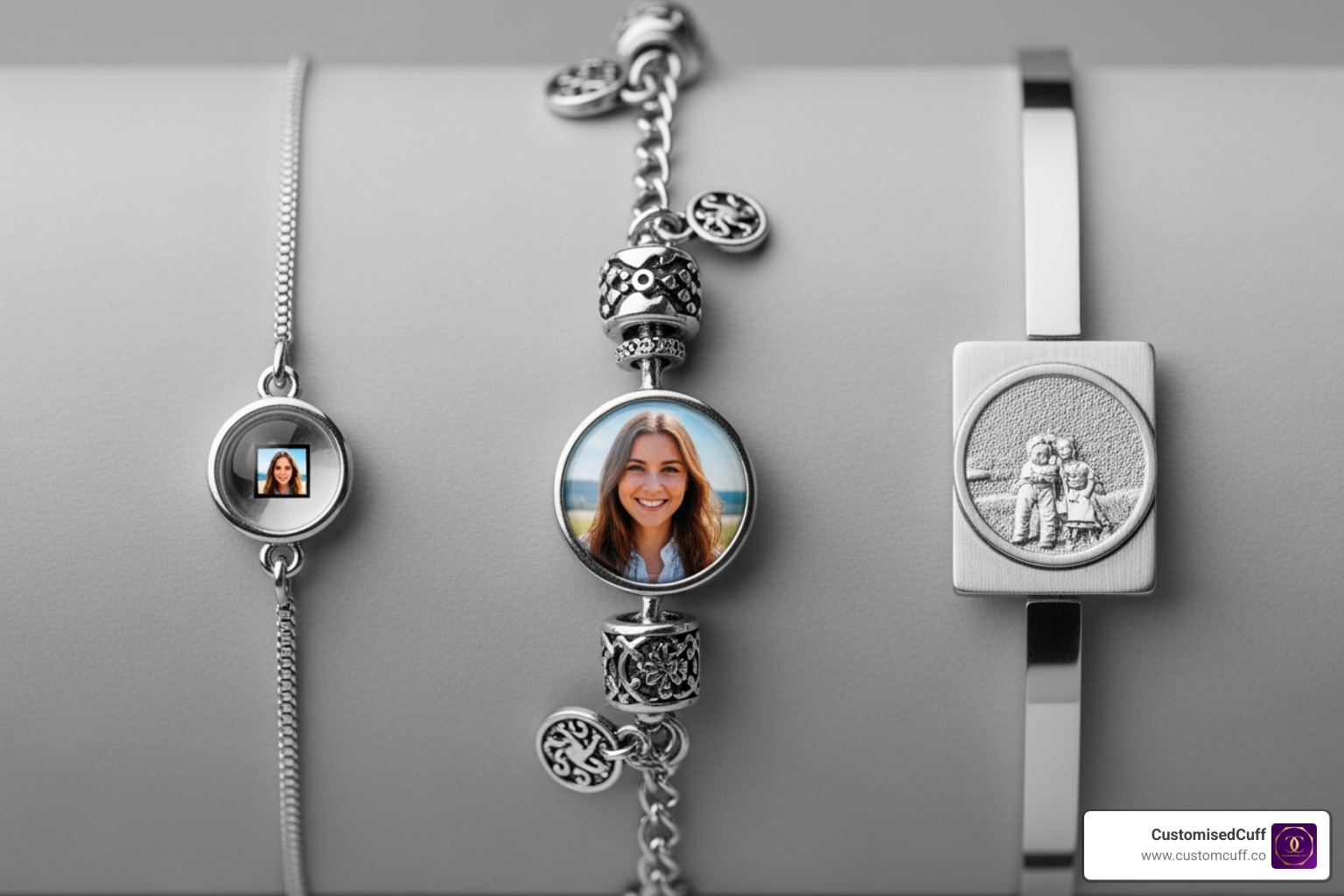 different types of photo bracelets side-by-side (projection, charm, engraved) - custom bracelet with photo