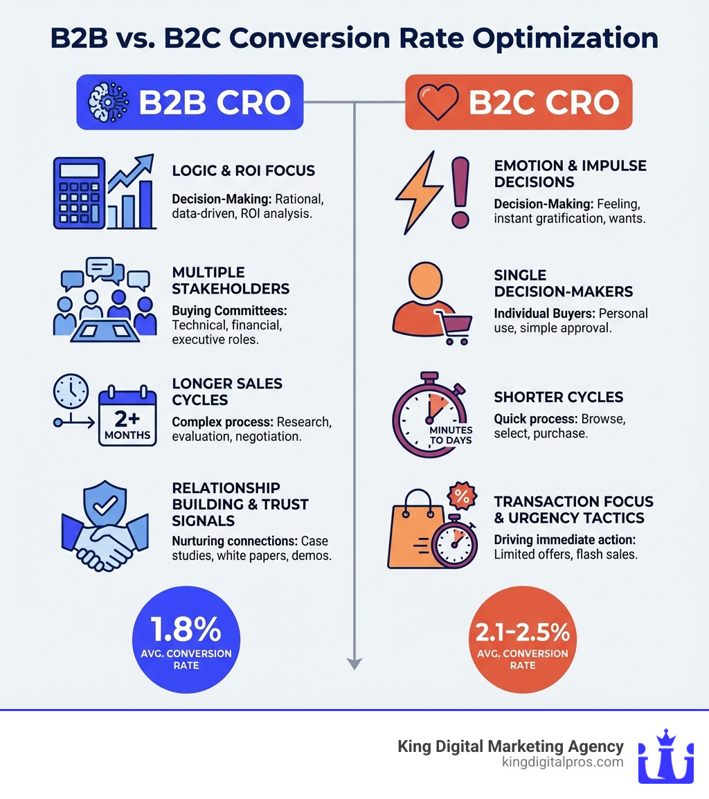 Infographic comparing B2B and B2C conversion rate optimization: B2B focuses on logic, ROI, multiple stakeholders, longer sales cycles (2+ months), relationship building, trust signals, and average conversion rates of 1.8%, while B2C focuses on emotion, impulse decisions, single decision-makers, shorter cycles (minutes to days), transaction focus, urgency tactics, and average conversion rates of 2.1-2.5% - b2b conversion rate optimisation infographic Infographic comparing B2B and B2C conversion rate optimization: B2B focuses on logic, ROI, multiple stakeholders, longer sales cycles (2+ months), relationship building, trust signals, and average conversion rates of 1.8%, while B2C focuses on emotion, impulse decisions, single decision-makers, shorter cycles (minutes to days), transaction focus, urgency tactics, and average conversion rates of 2.1-2.5% - b2b conversion rate optimisation infographic