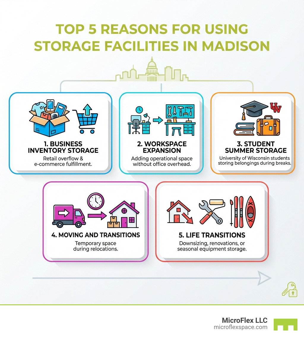 infographic showing top 5 reasons businesses and individuals use storage facilities in Madison: 1. Business Inventory Storage - for retail overflow and e-commerce fulfillment, 2. Workspace Expansion - adding operational space without office overhead, 3. Student Summer Storage - local college students storing belongings during breaks, 4. Moving and Transitions - temporary space during relocations, 5. Life Transitions - downsizing, renovations, or seasonal equipment storage - storage facilities madison infographic infographic showing top 5 reasons businesses and individuals use storage facilities in Madison: 1. Business Inventory Storage - for retail overflow and e-commerce fulfillment, 2. Workspace Expansion - adding operational space without office overhead, 3. Student Summer Storage - local college students storing belongings during breaks, 4. Moving and Transitions - temporary space during relocations, 5. Life Transitions - downsizing, renovations, or seasonal equipment storage - storage facilities madison infographic