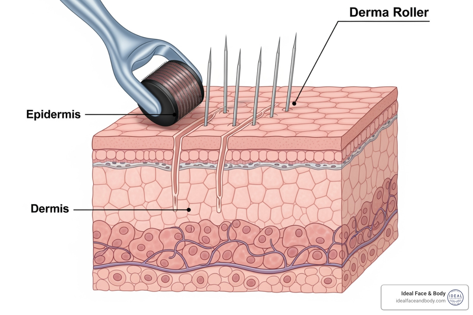 Illustration showing a derma roller's needles penetrating the epidermis and reaching the dermis, highlighting the micro-channels created and the surrounding skin layers. - do derma rollers work Illustration showing a derma roller's needles penetrating the epidermis and reaching the dermis, highlighting the micro-channels created and the surrounding skin layers. - do derma rollers work