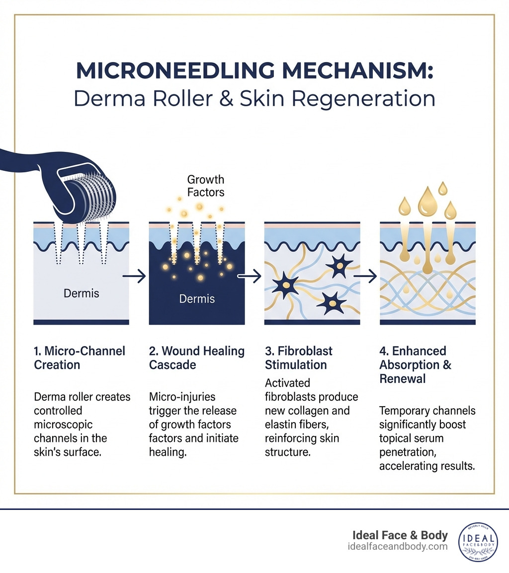 Infographic showing how derma rollers create microscopic channels in the skin's surface, triggering the wound healing cascade that releases growth factors and stimulates fibroblasts to produce new collagen and elastin fibers, while also enhancing the absorption of topical serums through these temporary microchannels - do derma rollers work infographic Infographic showing how derma rollers create microscopic channels in the skin's surface, triggering the wound healing cascade that releases growth factors and stimulates fibroblasts to produce new collagen and elastin fibers, while also enhancing the absorption of topical serums through these temporary microchannels - do derma rollers work infographic
