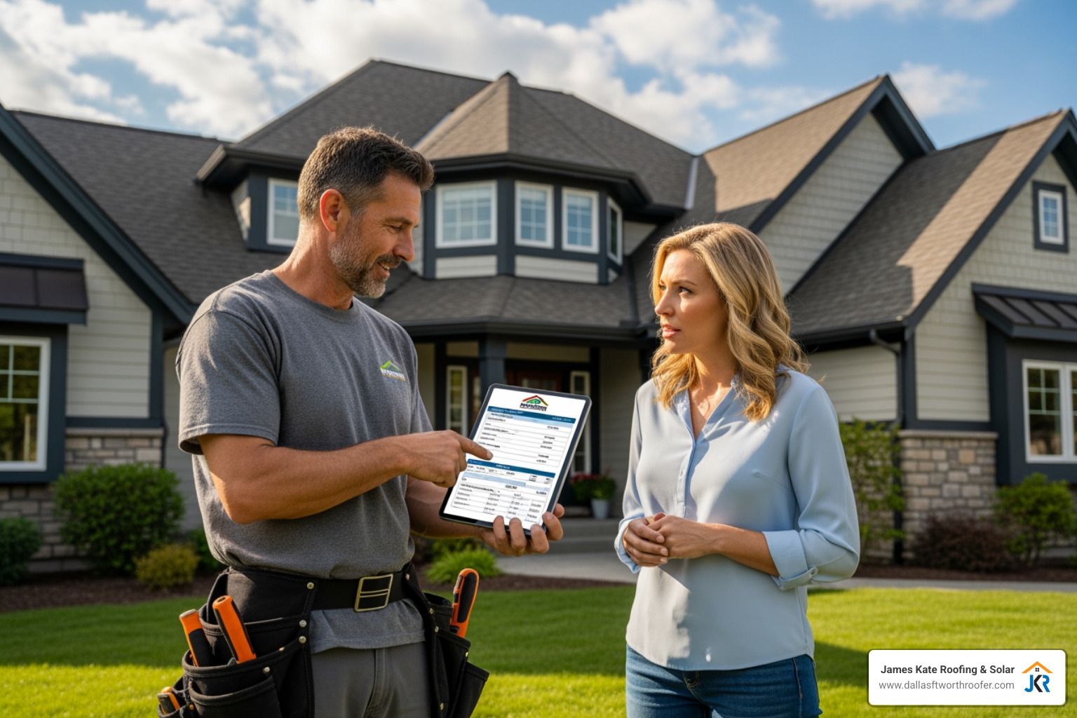 a roofer providing a homeowner with a written estimate on a tablet - roofer company near me
