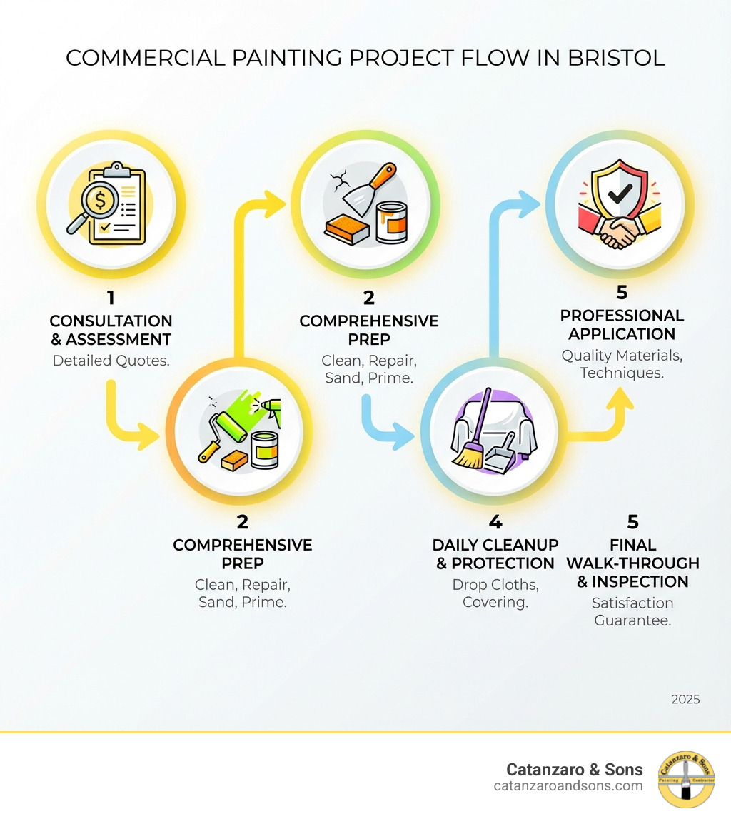 Infographic showing the 5 key steps to a successful commercial painting project in Bristol: Step 1 - Initial Consultation and Site Assessment with detailed quotes; Step 2 - Comprehensive Surface Preparation including cleaning, repairs, filling, sanding, and priming; Step 3 - Professional Painting Application using quality materials and specialized techniques; Step 4 - Daily Cleanup and Property Protection with drop cloths and equipment covering; Step 5 - Final Walk-through and Inspection with 100% satisfaction guarantee - commercial painters bristol infographic Infographic showing the 5 key steps to a successful commercial painting project in Bristol: Step 1 - Initial Consultation and Site Assessment with detailed quotes; Step 2 - Comprehensive Surface Preparation including cleaning, repairs, filling, sanding, and priming; Step 3 - Professional Painting Application using quality materials and specialized techniques; Step 4 - Daily Cleanup and Property Protection with drop cloths and equipment covering; Step 5 - Final Walk-through and Inspection with 100% satisfaction guarantee - commercial painters bristol infographic