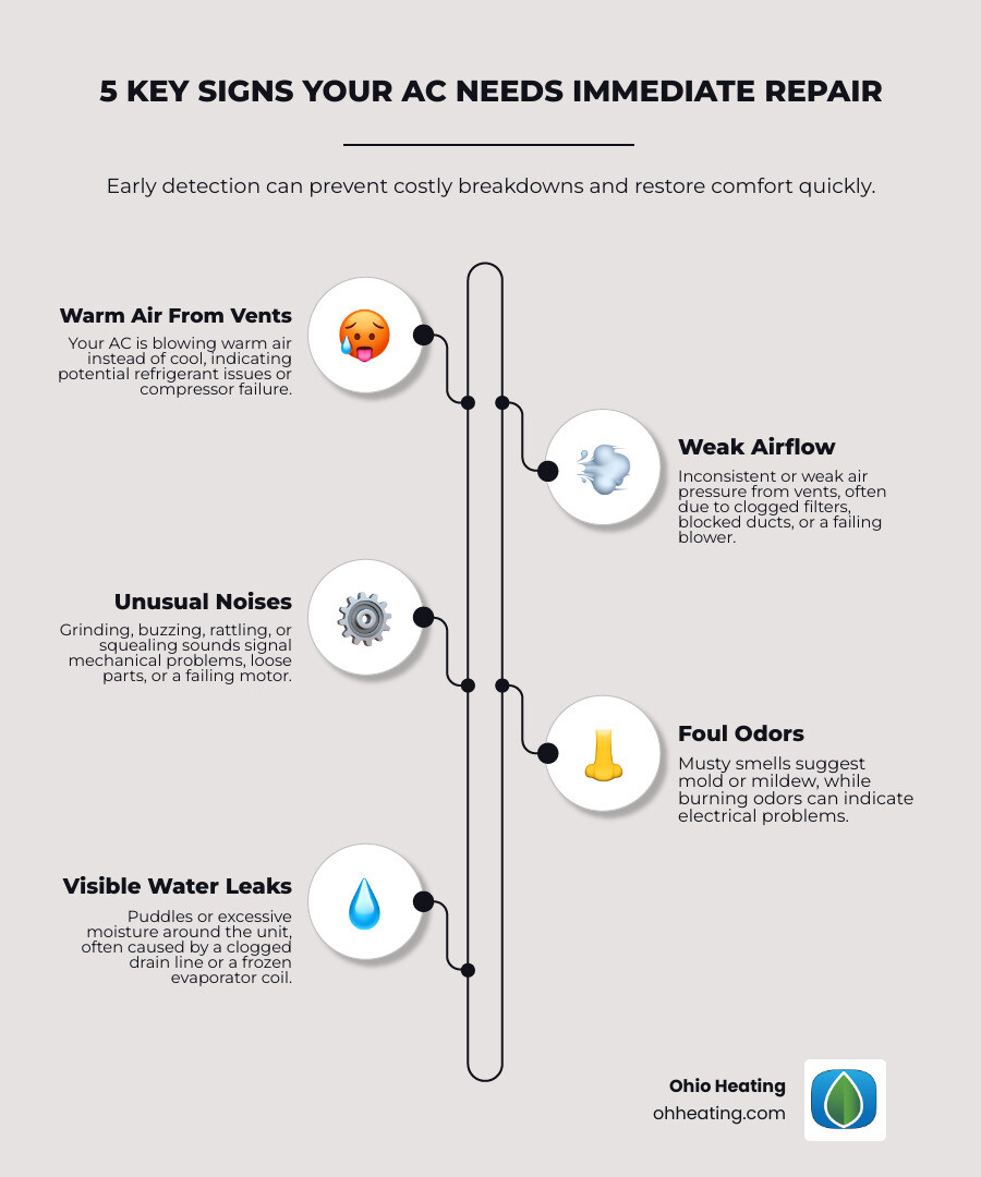 Infographic showing 5 key signs your AC needs immediate repair: 1) Warm air blowing from vents instead of cool air, 2) Weak or inconsistent airflow throughout your home, 3) Unusual noises like grinding, buzzing, or rattling, 4) Foul odors such as musty or burning smells from vents, 5) Visible water leaks or excessive moisture around the unit - air conditioner repair Westerville infographic infographic-line-5-steps-elegant_beige Infographic showing 5 key signs your AC needs immediate repair: 1) Warm air blowing from vents instead of cool air, 2) Weak or inconsistent airflow throughout your home, 3) Unusual noises like grinding, buzzing, or rattling, 4) Foul odors such as musty or burning smells from vents, 5) Visible water leaks or excessive moisture around the unit - air conditioner repair Westerville infographic infographic-line-5-steps-elegant_beige