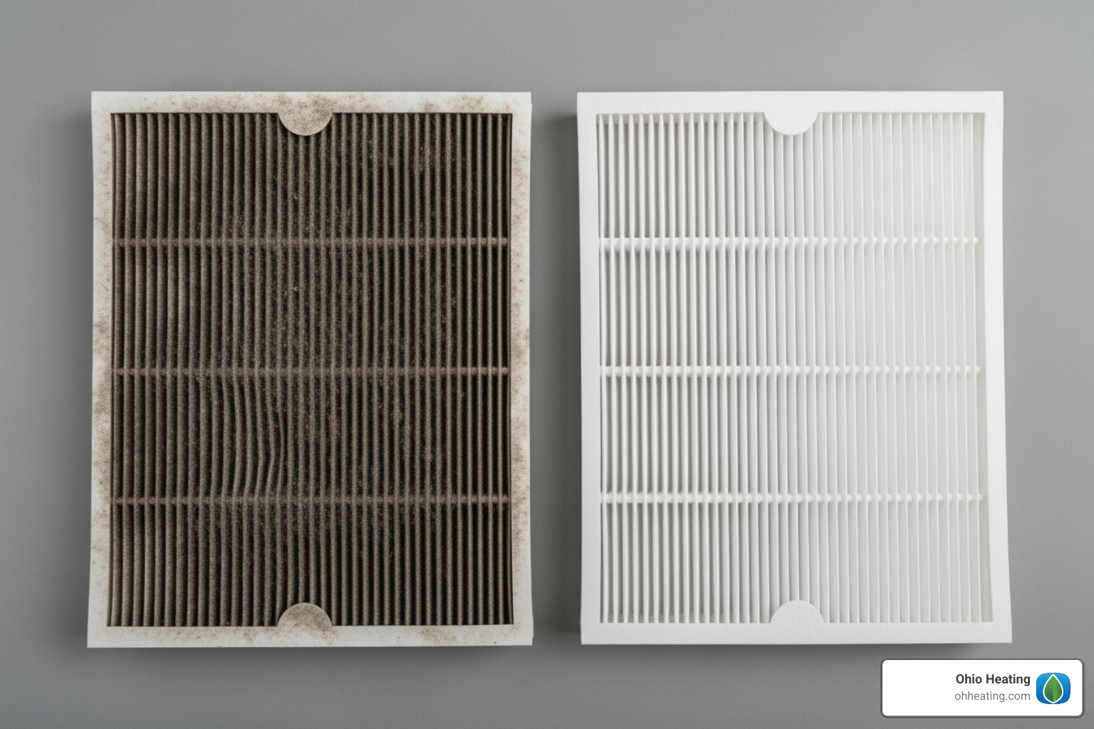 A dirty, clogged air conditioner filter next to a clean, new one, illustrating the importance of regular filter changes for AC performance. - air conditioner repair Westerville A dirty, clogged air conditioner filter next to a clean, new one, illustrating the importance of regular filter changes for AC performance. - air conditioner repair Westerville