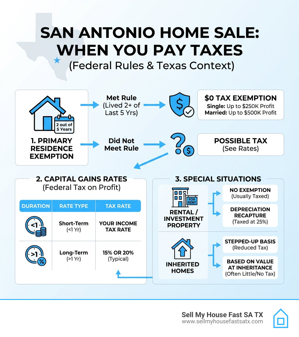 Infographic showing when you pay taxes on selling a house in San Antonio - primary residence exemption, capital gains rates, and special situations