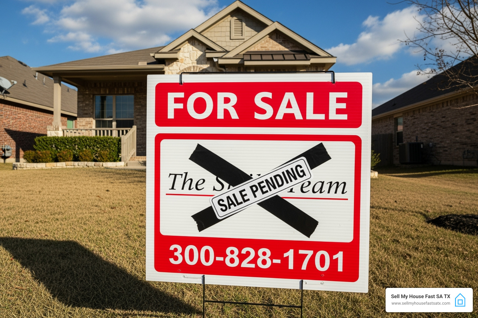 For Sale sign with Sale Pending sticker crossed out in front of San Antonio home - how to sell a house that I just bought - how to sell a house that i just bougth