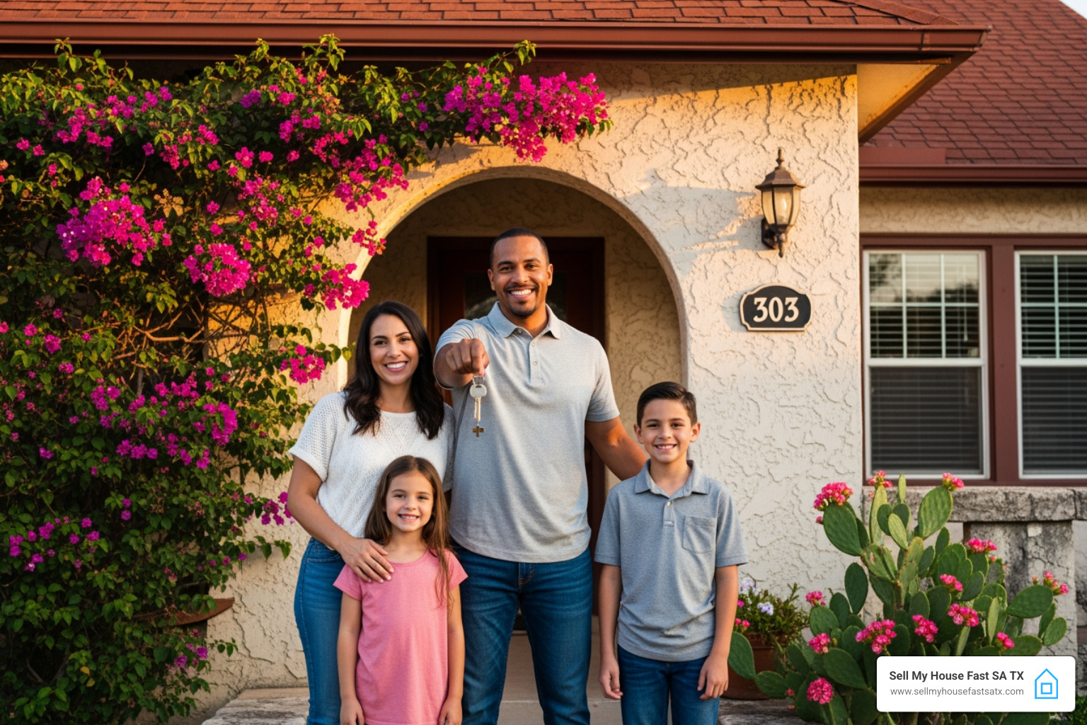 Happy San Antonio family handing over keys after fast cash sale - how to sell a house that I just bought - how to sell a house that i just bougth