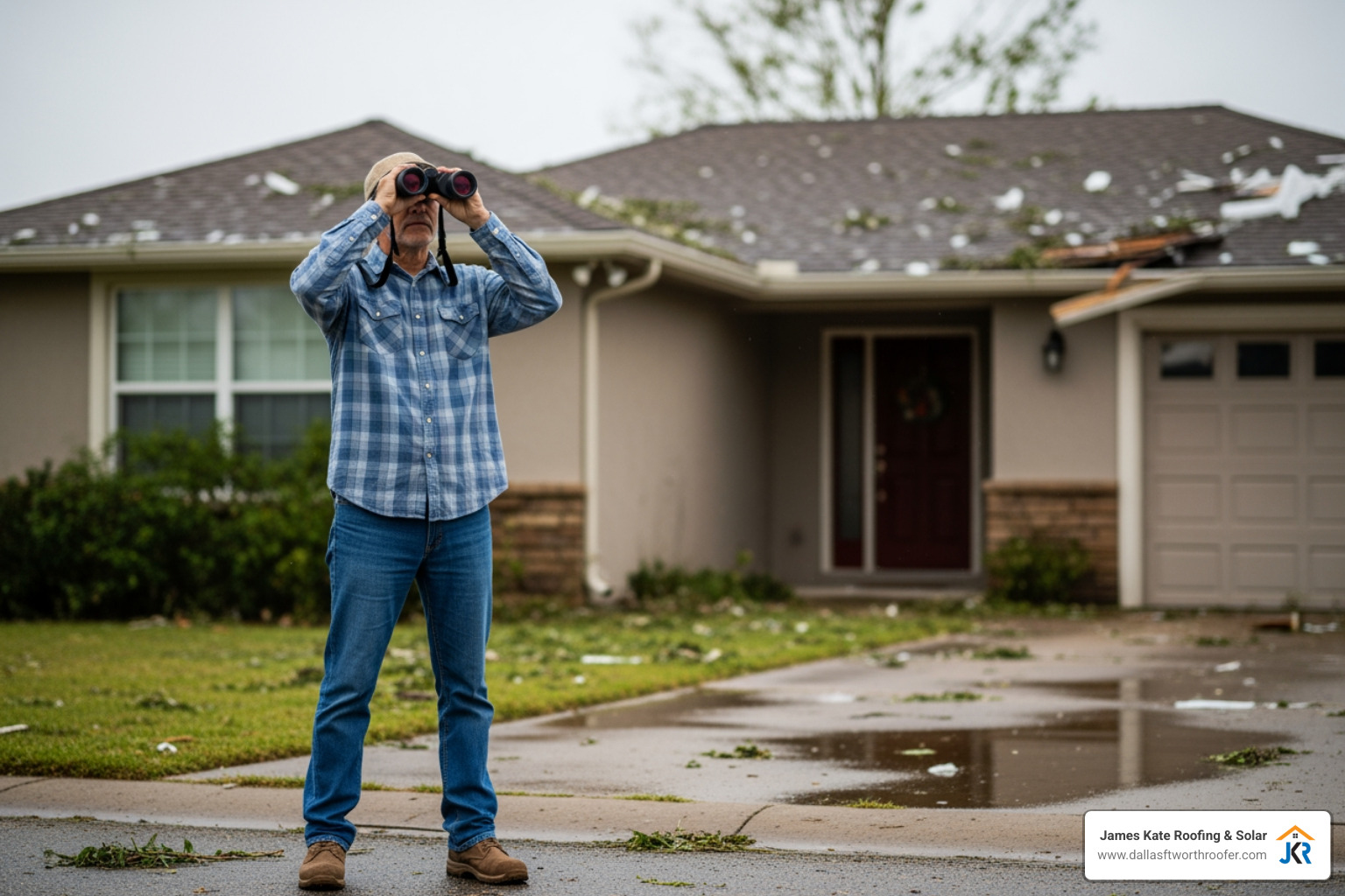 Homeowner safely inspecting their property from the ground with binoculars after a storm - arlington tx storm damage Homeowner safely inspecting their property from the ground with binoculars after a storm - arlington tx storm damage