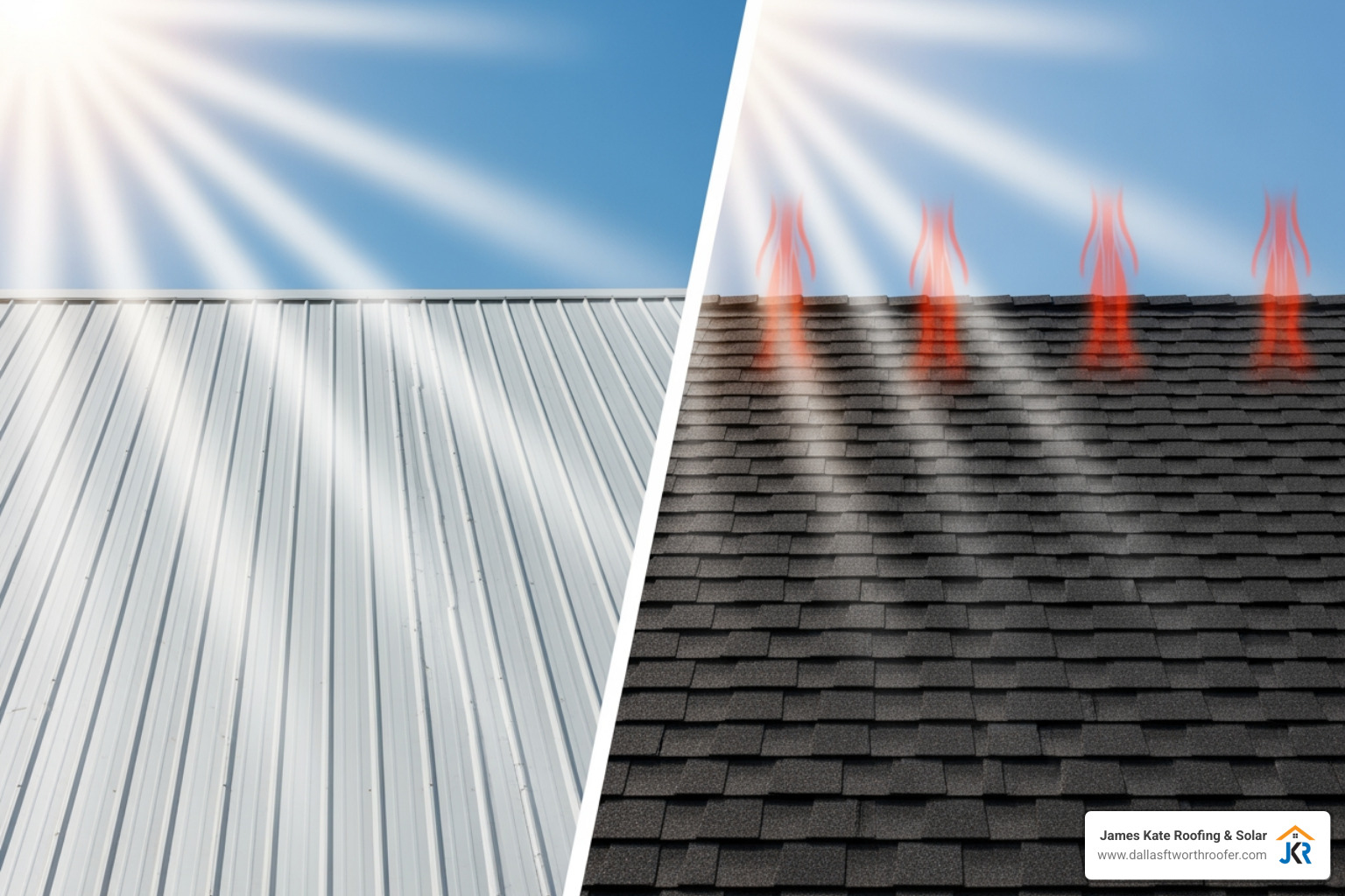 Illustration of a light-colored metal roof reflecting sunlight compared to a dark asphalt shingle roof absorbing heat - arlington tx metal roofing Illustration of a light-colored metal roof reflecting sunlight compared to a dark asphalt shingle roof absorbing heat - arlington tx metal roofing