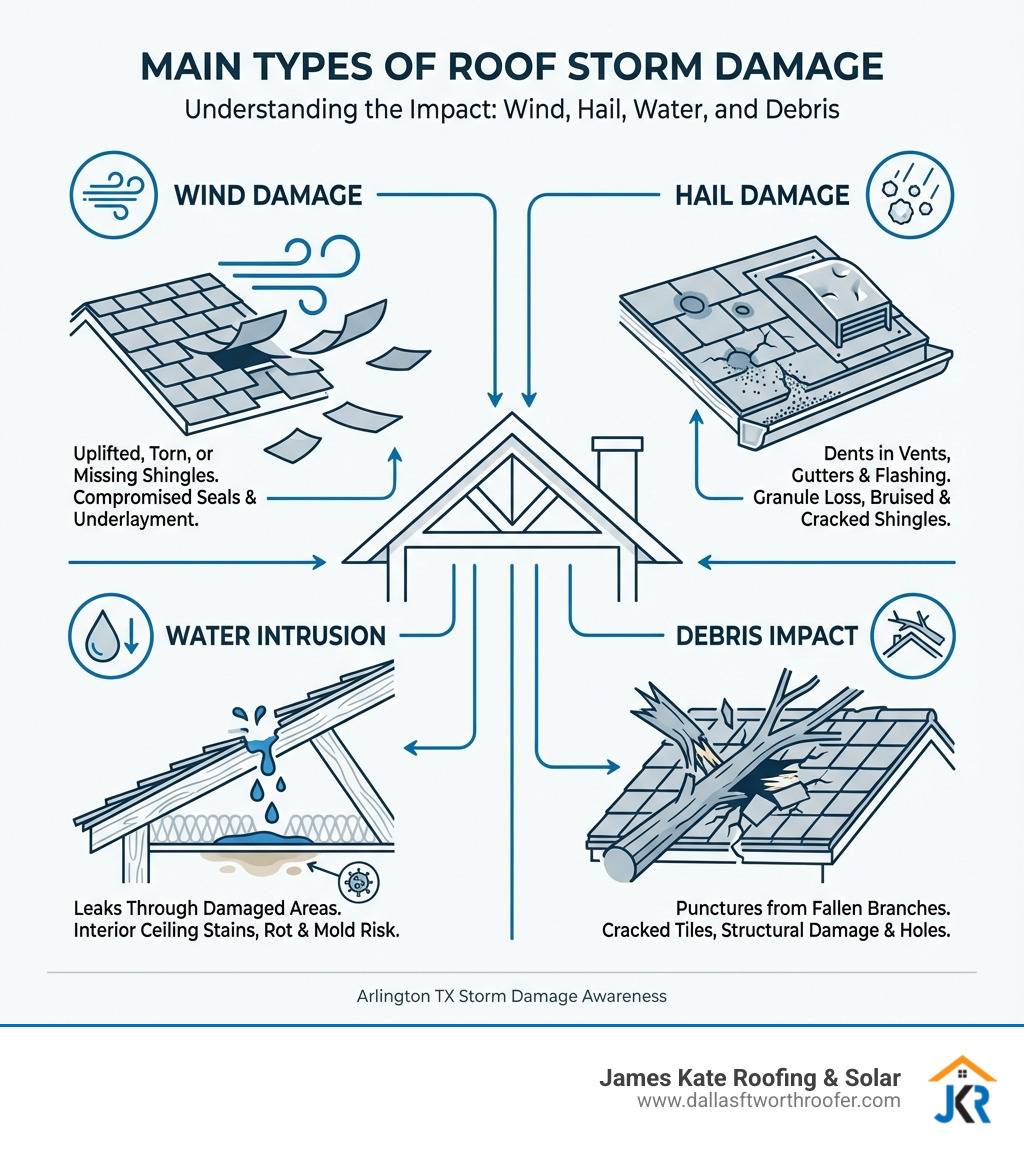 Infographic explaining the 4 main types of storm damage to a roof: wind, hail, water, and debris impact. - arlington tx storm damage infographic Infographic explaining the 4 main types of storm damage to a roof: wind, hail, water, and debris impact. - arlington tx storm damage infographic
