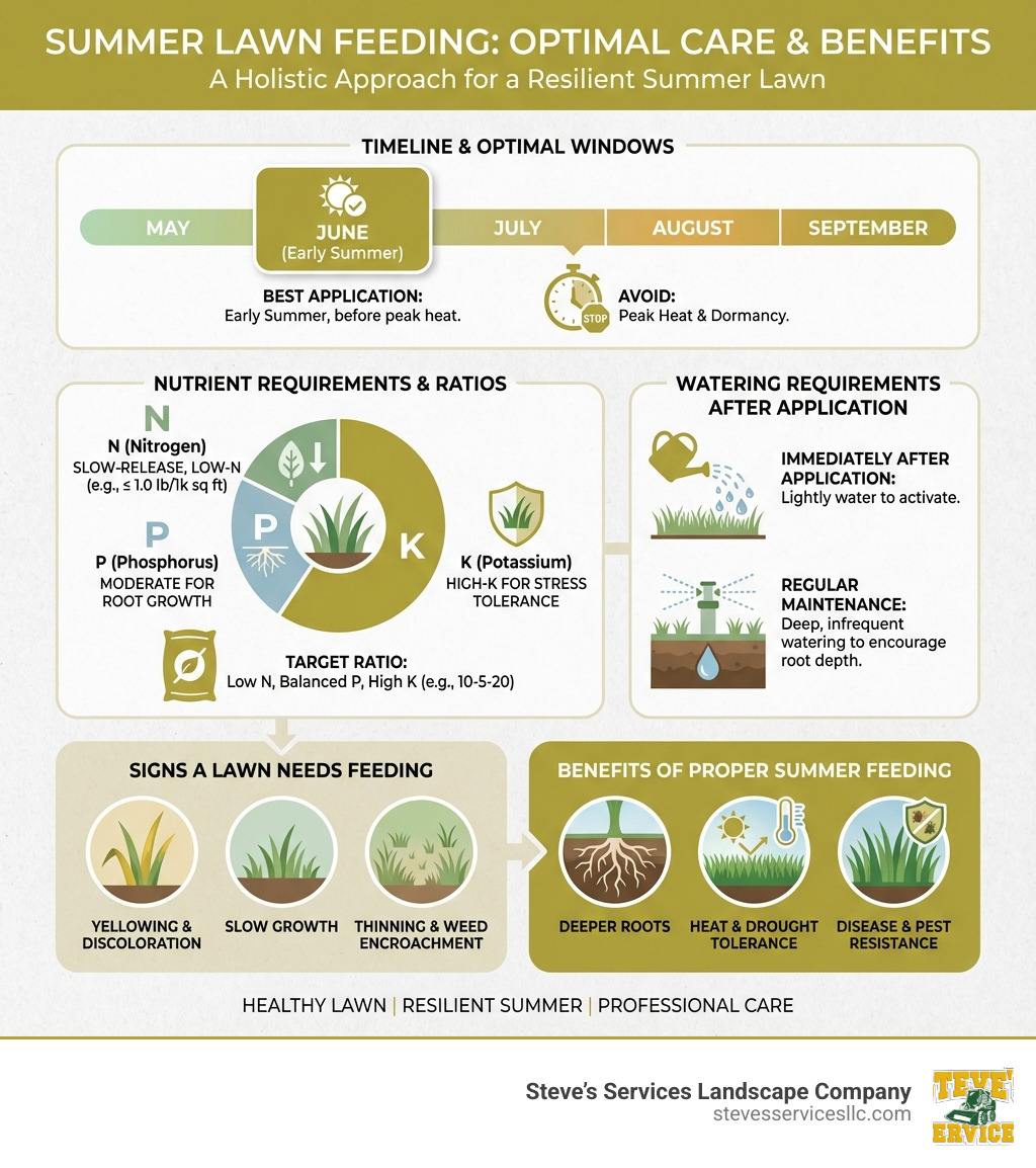 infographic showing summer lawn feeding timeline with optimal application windows in early summer, nutrient requirements including nitrogen phosphorus and potassium ratios, watering requirements after application, signs a lawn needs feeding such as yellowing and slow growth, and benefits including deeper roots heat tolerance and disease resistance - Summer lawn feeding infographic 