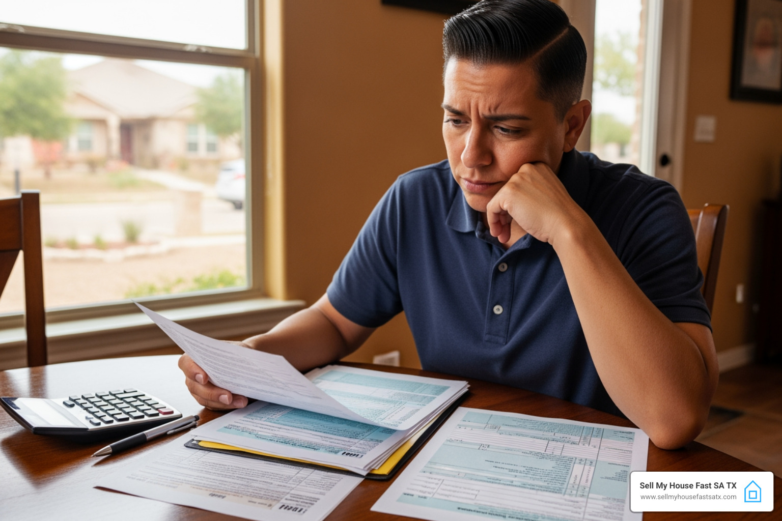 San Antonio homeowner reviewing tax forms and mortgage statement - how to sell a house that I just bought - how to sell a house that i just bougth