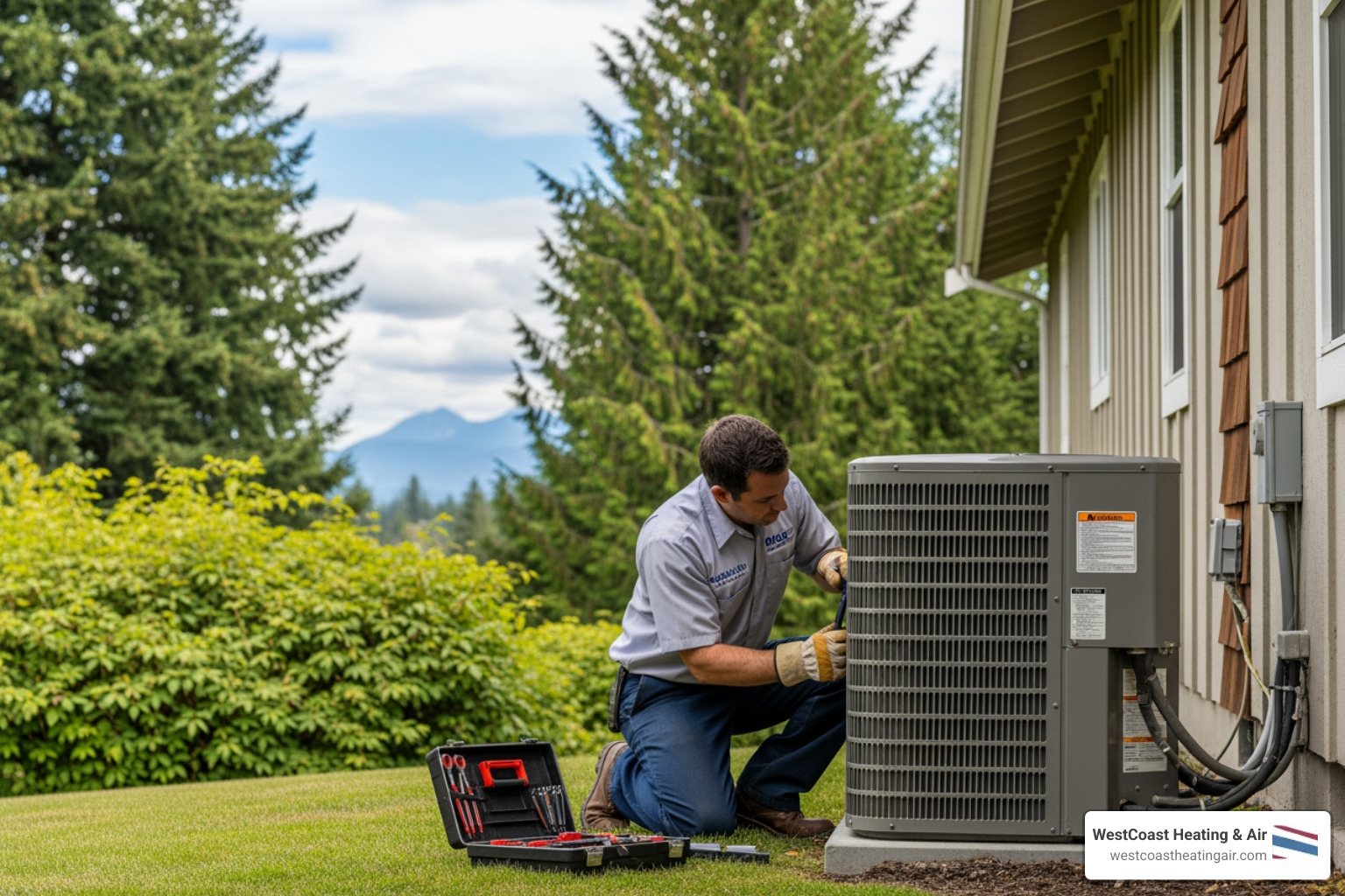 Infographic showing the annual heat pump maintenance cycle: Spring tune-up prepares cooling mode, includes coil cleaning, refrigerant check, and filter replacement; Fall tune-up prepares heating mode, includes electrical inspection, lubrication, and thermostat calibration; Benefits shown include 30% energy cost reduction, 15-20 year system lifespan, fewer breakdowns, and improved indoor air quality - heat pump maintenance services in puyallup, wa