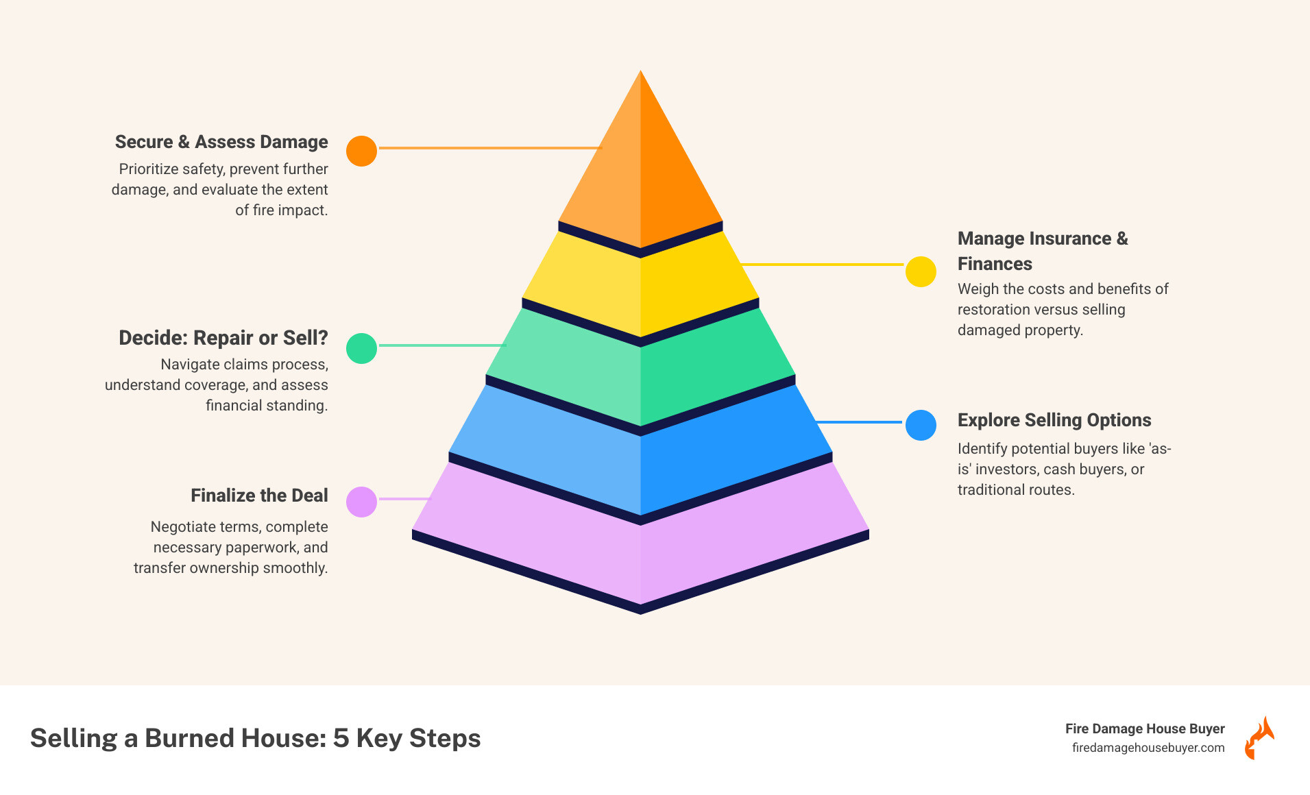 Infographic showing the 5 steps to sell a burned house: - how to sell a burned house Infographic showing the 5 steps to sell a burned house: - how to sell a burned house