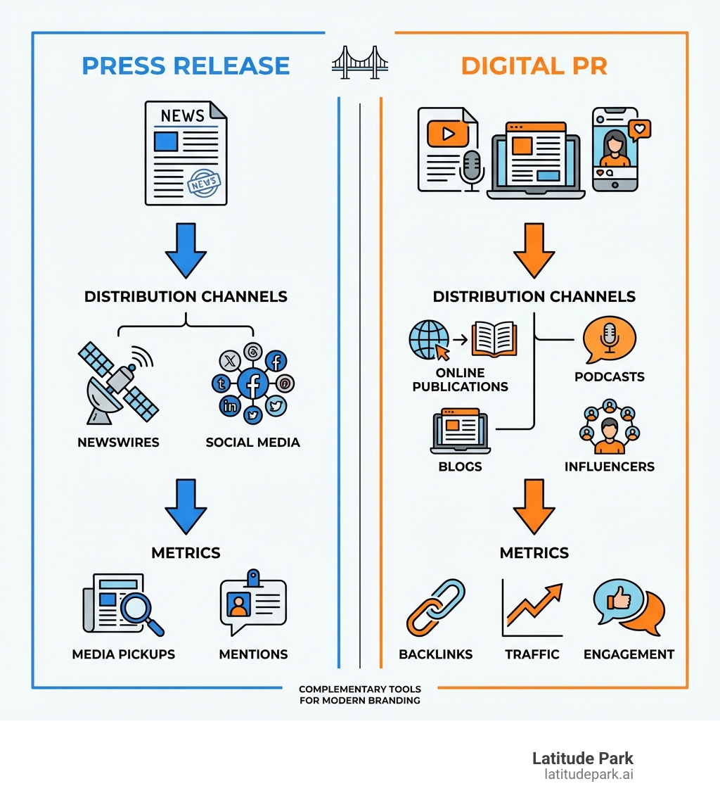 infographic comparing digital PR and press releases showing distribution channels including newswires and social media for press releases versus online publications blogs podcasts and influencers for digital PR with metrics like media pickups for releases and backlinks traffic and engagement for digital PR - digital pr vs press release infographic 