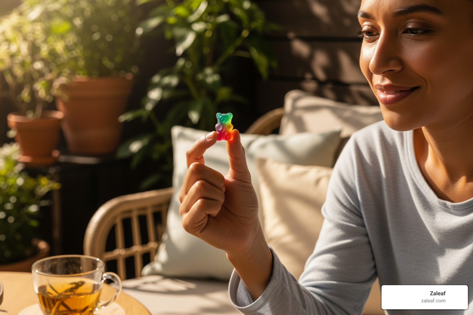 person enjoying a Delta 8 gummy in a relaxed setting - who sells delta 8 products