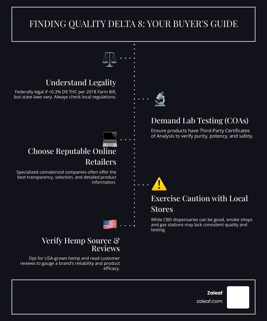 Infographic showing Delta 8 product types, where to buy them, key quality factors like third-party lab testing and COAs, federal legality under the 2018 Farm Bill with less than 0.3% Delta 9 THC, and state restrictions to be aware of - who sells delta 8 products infographic infographic-line-5-steps-dark