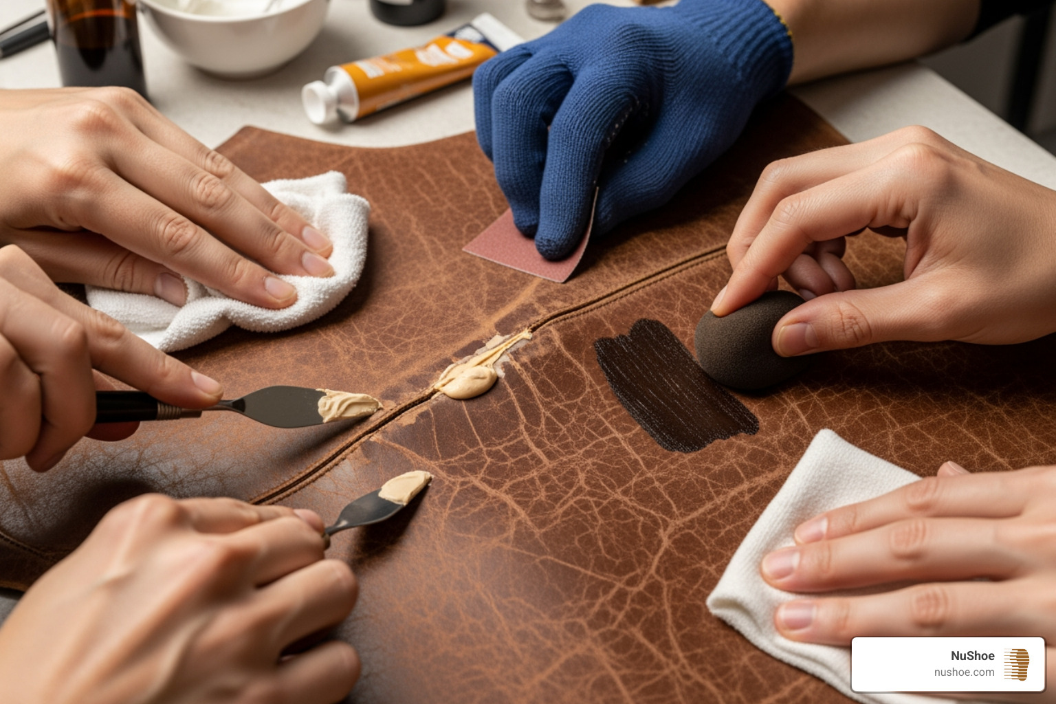 A detailed image showing various stages of leather repair: cleaning, sanding, applying filler, dyeing, and conditioning - how do you fix cracked leather A detailed image showing various stages of leather repair: cleaning, sanding, applying filler, dyeing, and conditioning - how do you fix cracked leather