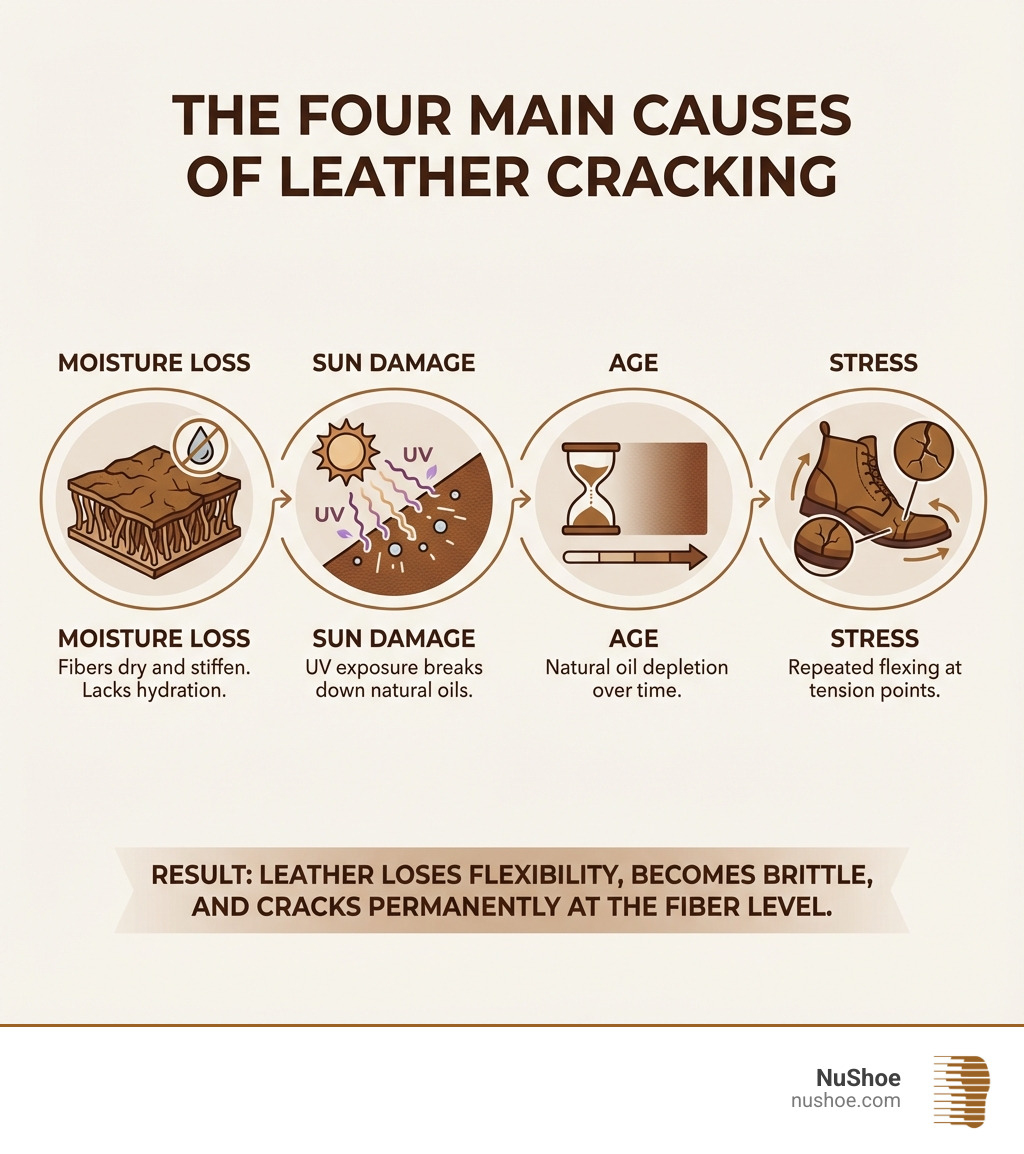 Infographic showing the four main causes of leather cracking: moisture loss causing fibers to dry and stiffen, sun damage from UV exposure breaking down natural oils, age leading to natural oil depletion over time, and stress from repeated flexing at tension points - how do you fix cracked leather infographic Infographic showing the four main causes of leather cracking: moisture loss causing fibers to dry and stiffen, sun damage from UV exposure breaking down natural oils, age leading to natural oil depletion over time, and stress from repeated flexing at tension points - how do you fix cracked leather infographic