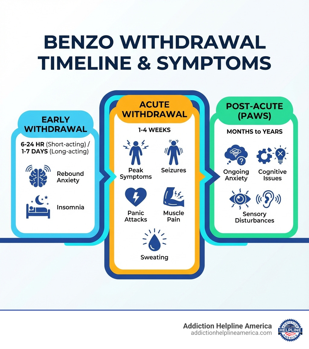 Infographic showing the typical benzodiazepine withdrawal timeline: Early withdrawal (6-24 hours for short-acting benzos, 1-7 days for long-acting benzos) includes rebound anxiety and insomnia; Acute withdrawal (1-4 weeks) brings peak symptoms like seizures, panic attacks, muscle pain, and sweating; Post-acute withdrawal or PAWS (months to years) may cause ongoing anxiety, cognitive issues, and sensory disturbances - Benzo withdrawal symptoms infographic infographic-line-5-steps-blues-accent_colors