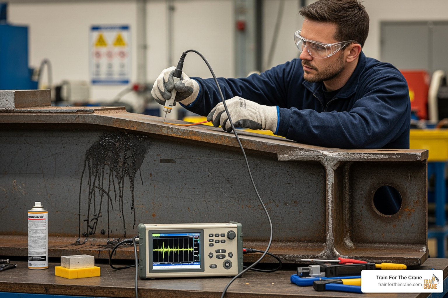 technician using non-destructive testing equipment on a crane component - Crane inspection checklist