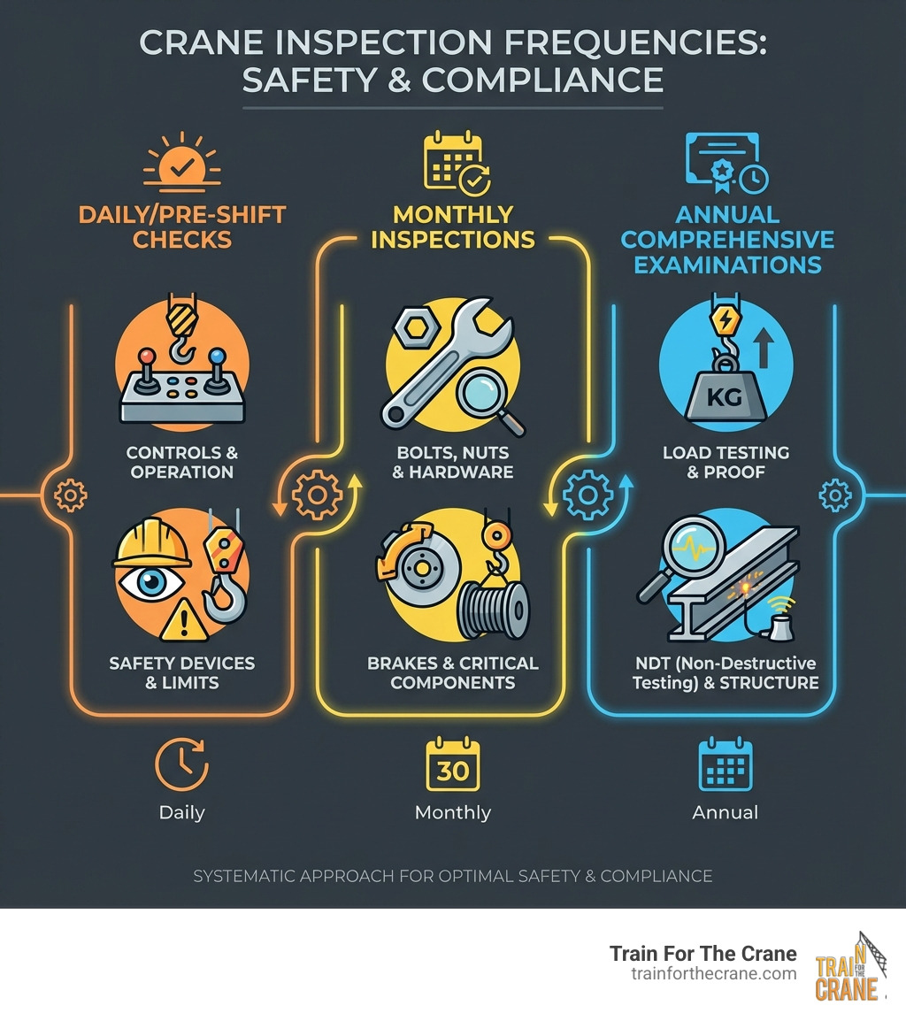 infographic showing crane inspection frequencies with daily checks including controls and safety devices, monthly inspections covering bolts and brakes, and annual comprehensive examinations including load testing and NDT - Crane inspection checklist infographic 