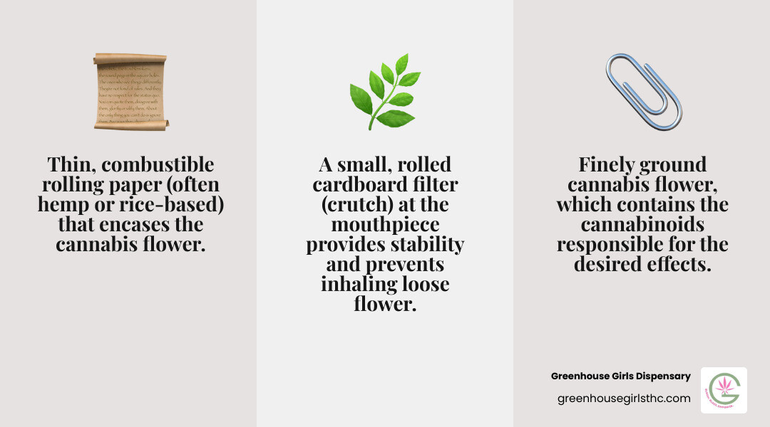 Infographic showing the anatomy of a cannabis joint with three labeled parts: the filter or crutch at one end made of rolled cardboard, the middle section filled with evenly ground cannabis flower, and the rolling paper wrapping it all together with a twisted or open end for lighting - joints weed infographic 3_facts_emoji_grey