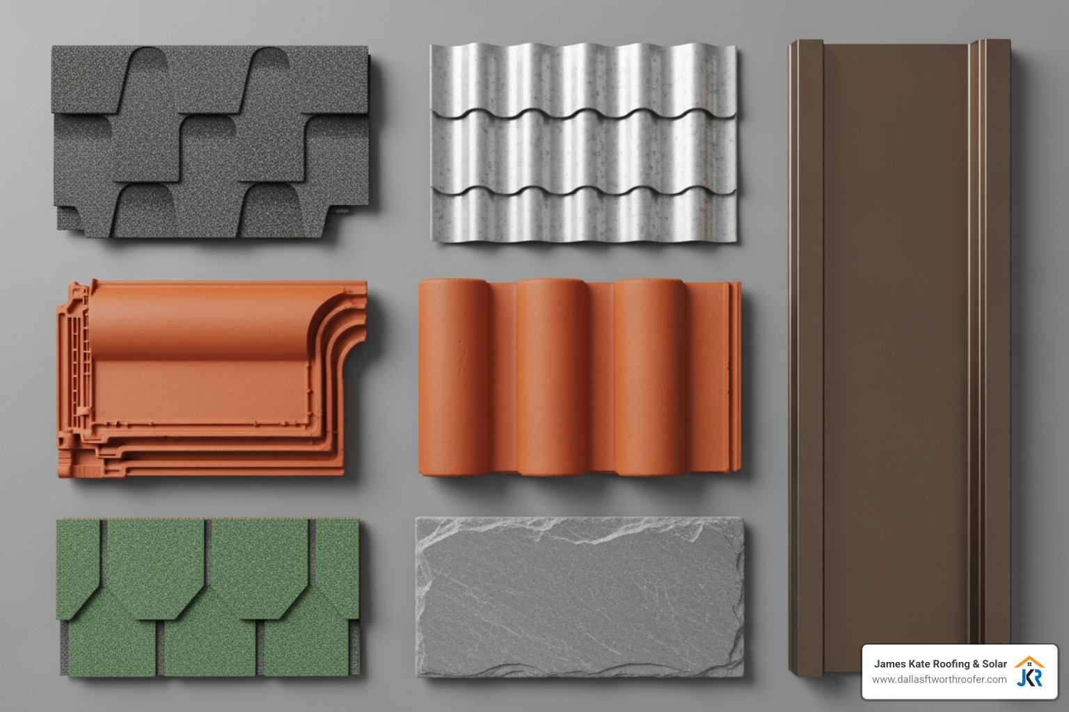 various roofing material samples (asphalt shingle, metal, tile) laid out - roofers near me