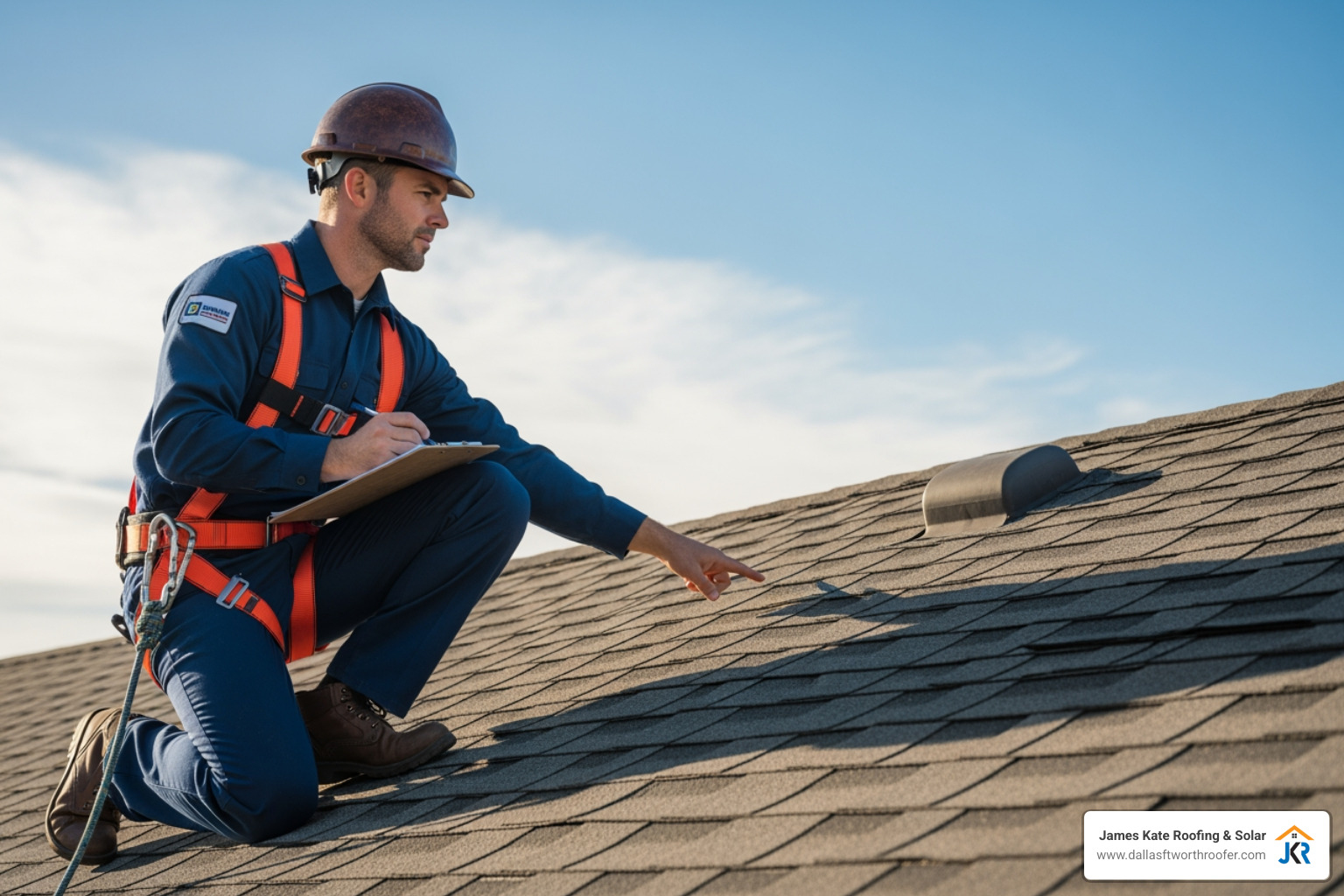 professional, uniformed roofer safely inspecting a residential roof - roofers near me